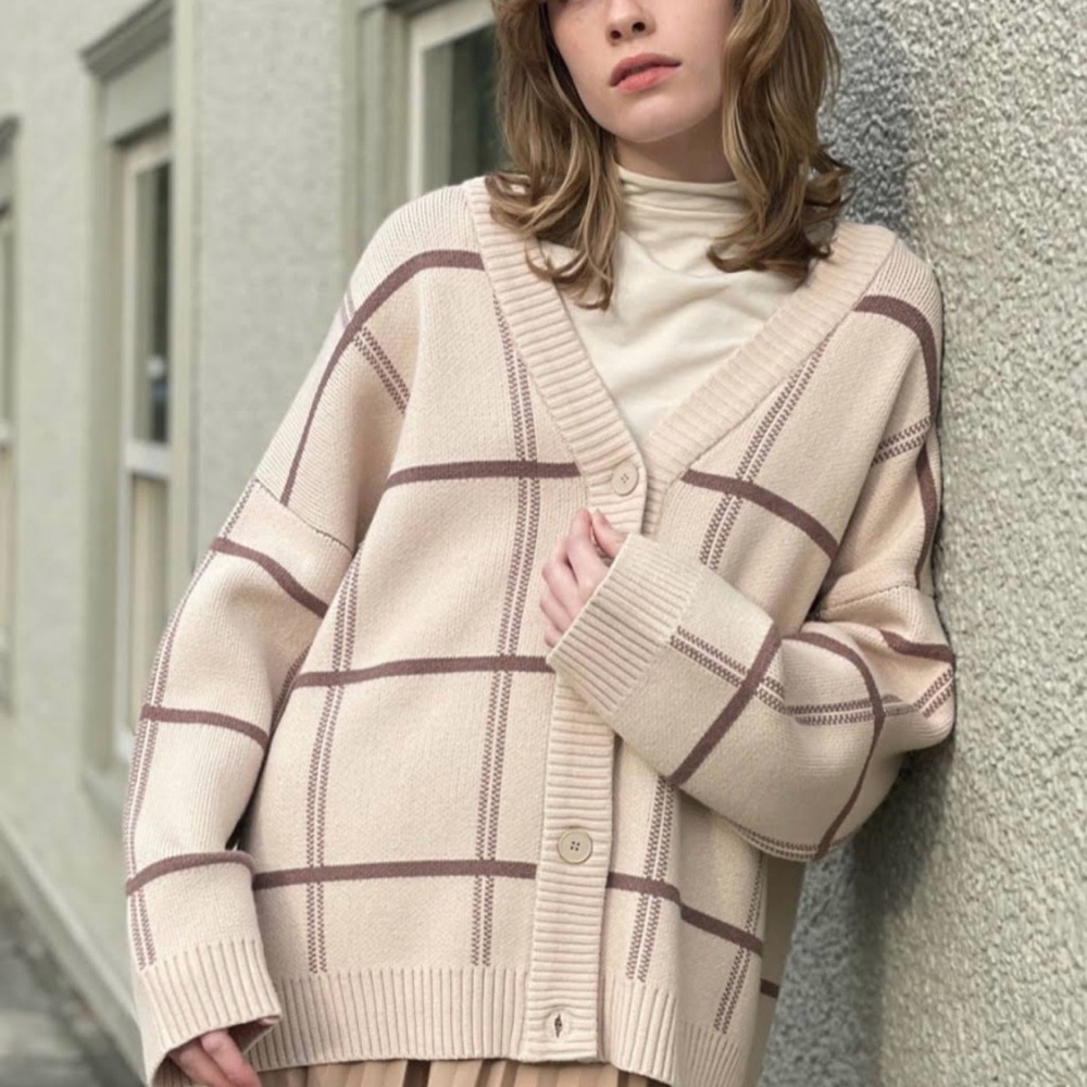 OAK + FORT , Tan Checkered oversized Cardigan Sweater